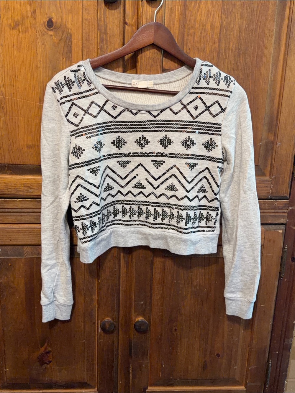 Women's Gray Crewneck Sweater with Black Geometric Beading